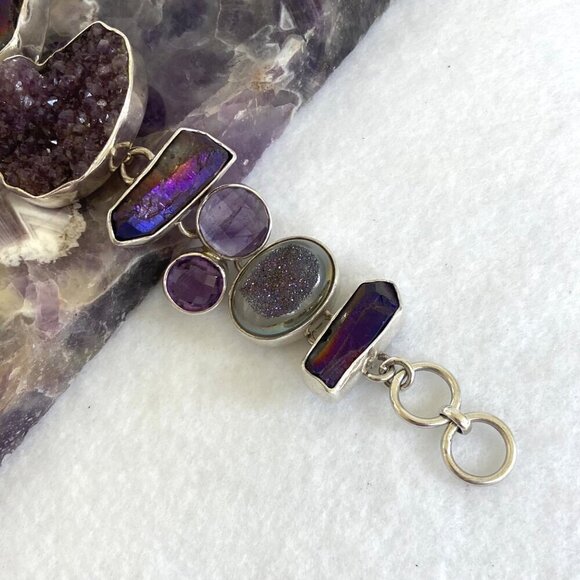 Chris Bales Sterling Silver 925 Heavy Amethyst Druzy Multi Gemstone Bracelet 61g - Picture 13 of 16